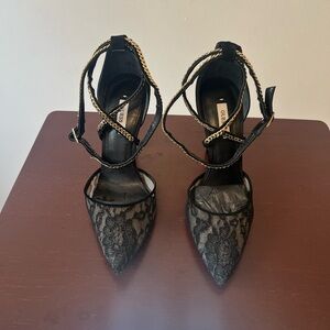 Guess Adabellely Leather & Lace
Point Toe Stiletto Black Strappy  Pump SZ 9 1/2
